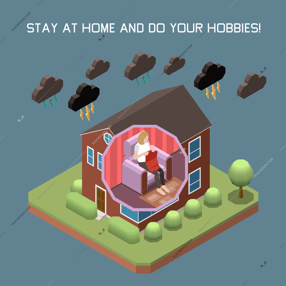 Stay at home composition with hobbies and rest symbols isometric  vector illustration