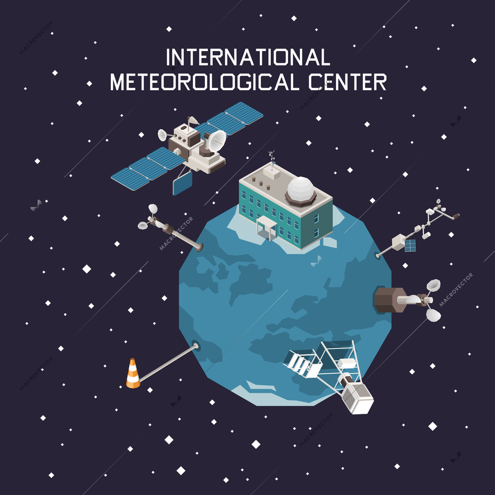 Weather forecast and meteorology isometric concept with international station symbols vector illustration