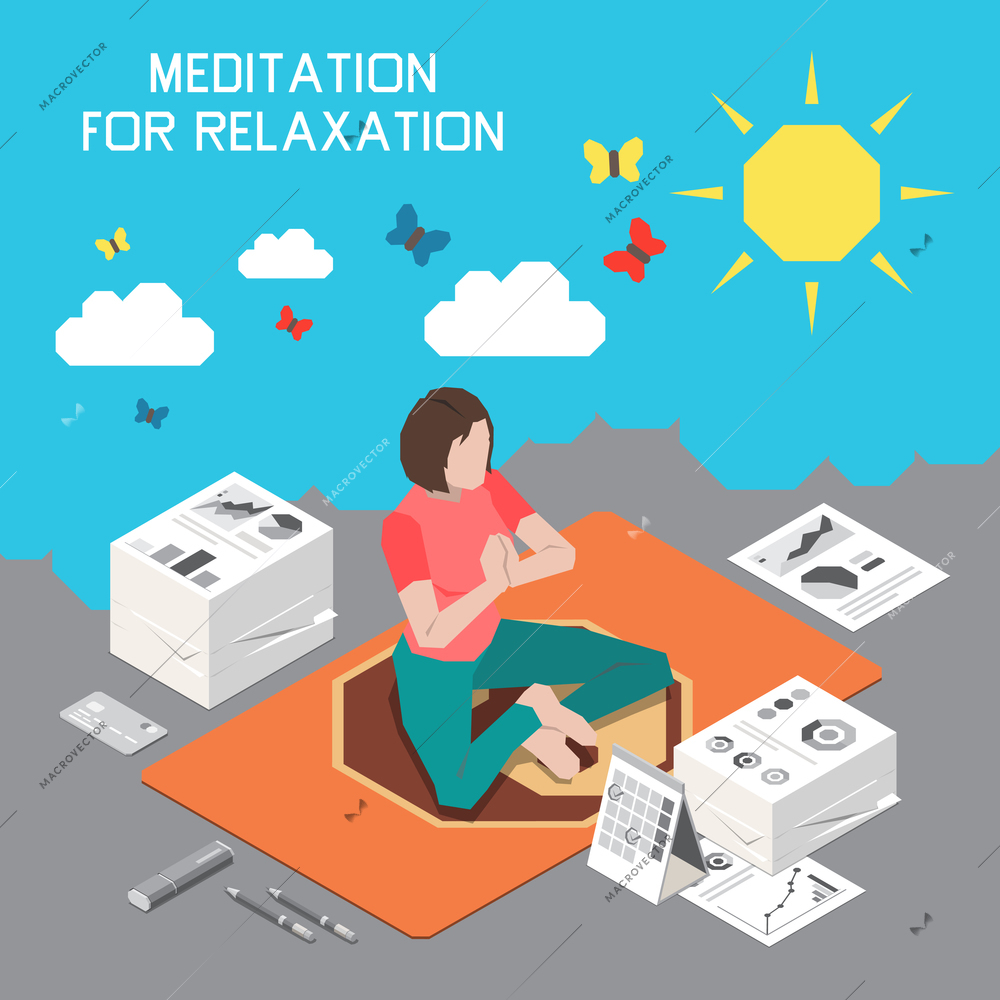 Stress management composition with yoga for relaxation symbols isometric vector illustration