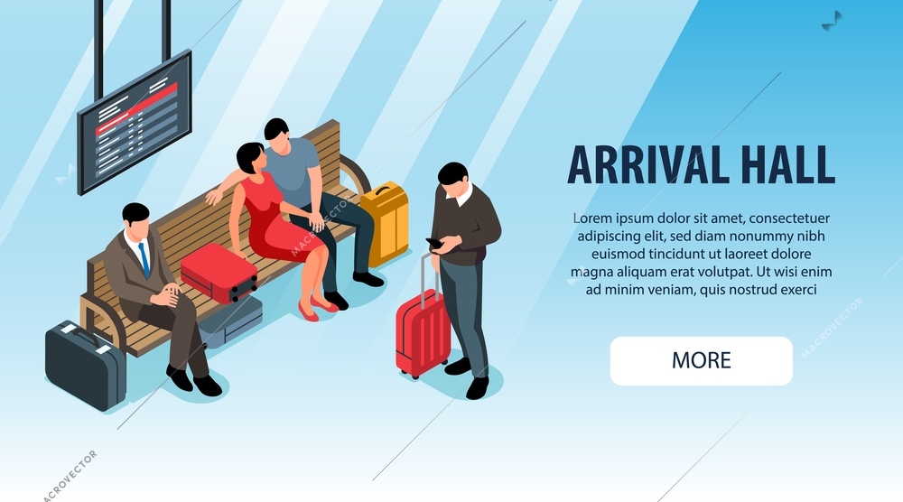 People with suitcases waiting at railway station arrival hall isometric banner 3d vector illustration