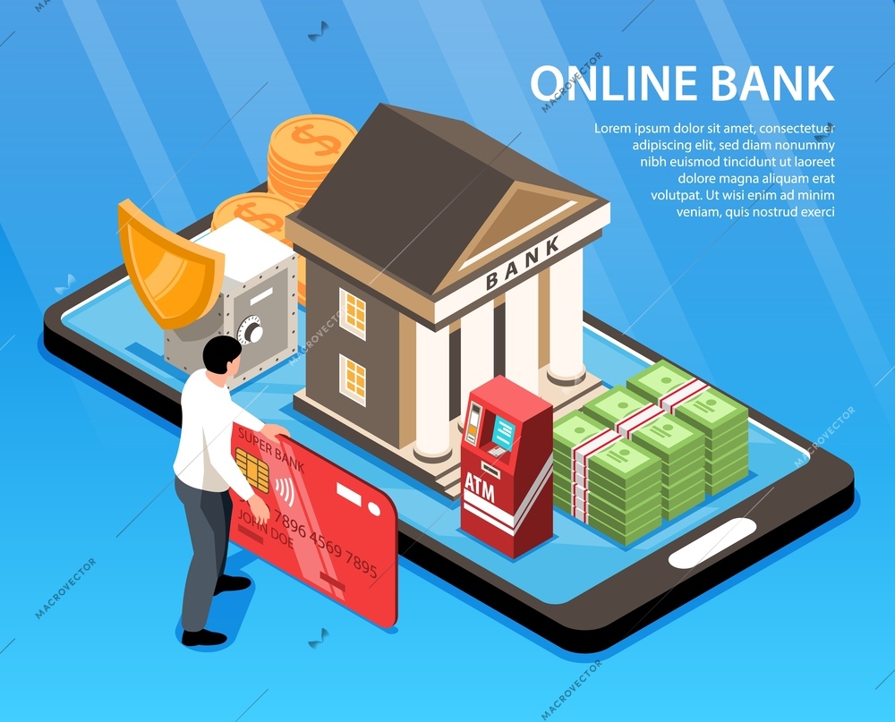 Man using online bank application 3d isometric vector illustration