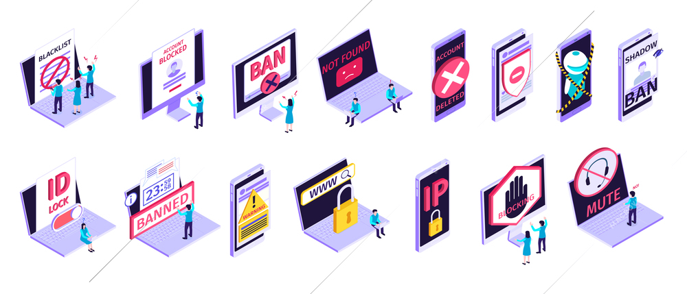 Isometric internet blocking purple icon set with blacklist account blocked ban not found account deleted shadow ban and other descriptions vector illustration