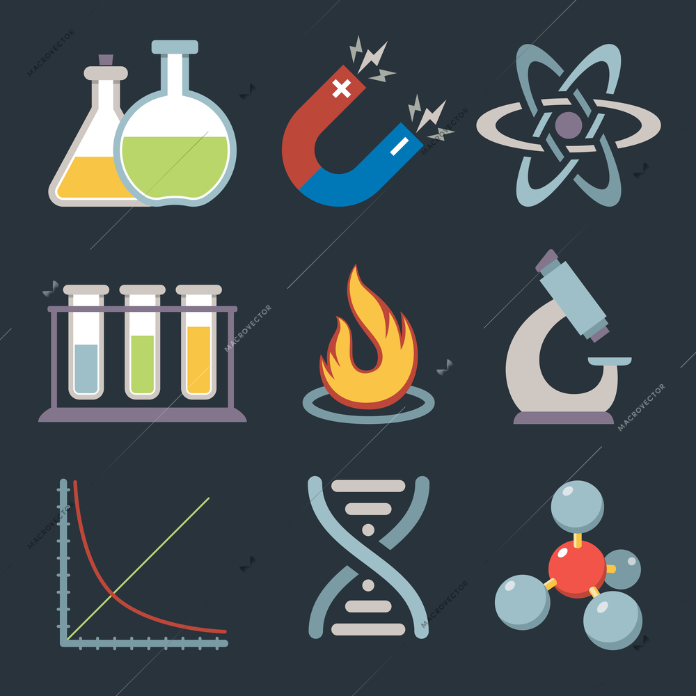 Physics science equipment teaching and studying education icons set isolated vector illustration.