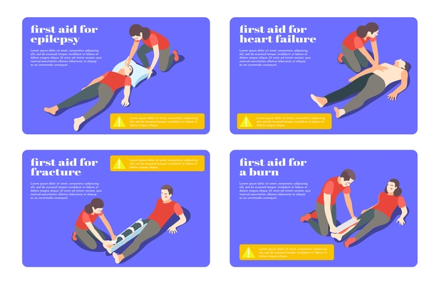 First aid treatment steps for epilepsy fracture burn heart failure 4 isometric flashcards banners vector illustration