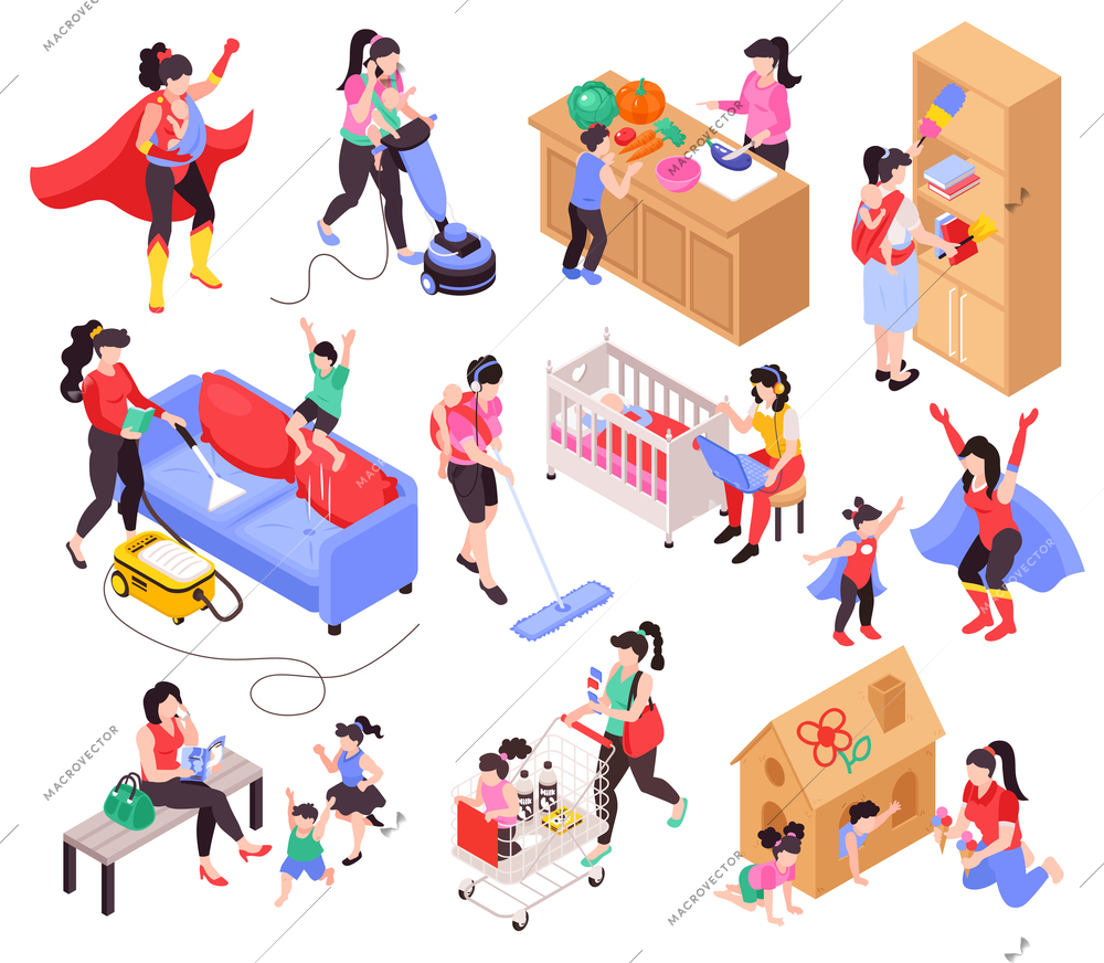 Super mom vacuum cleaning working with babies shopping playing with toddlers cooking with kids isometric set vector illustration