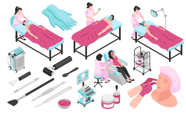 Isometric cosmetologist horizontal set with isolated icons of professional medical equipment and images of cosmetological procedures vector illustration