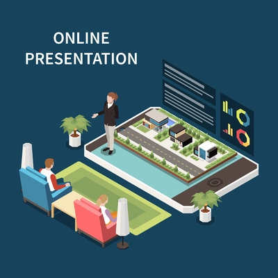 Online presentation and conference concept with work from home symbols isometric vector illustration