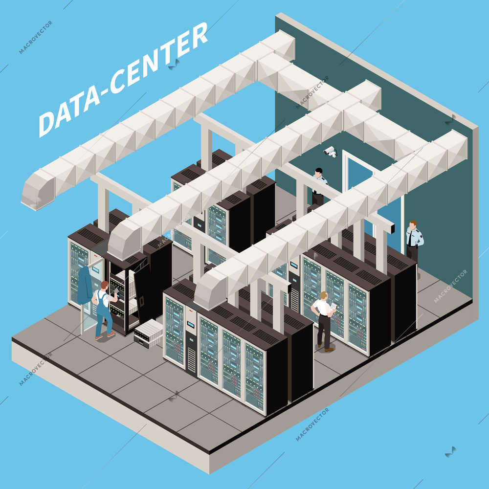 Datacenter isometric and colored icon set room with servers and working engineers vector illustration