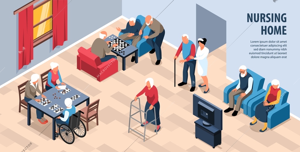 Isometric nursing home horizontal background with text and indoor composition of seniors complex room with people vector illustration