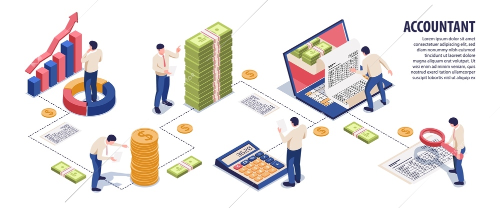 Accounting isometric infographic flowchart  analyzing financial documents profit growth with calculator laptop magnifier coins banknotes vector illustration