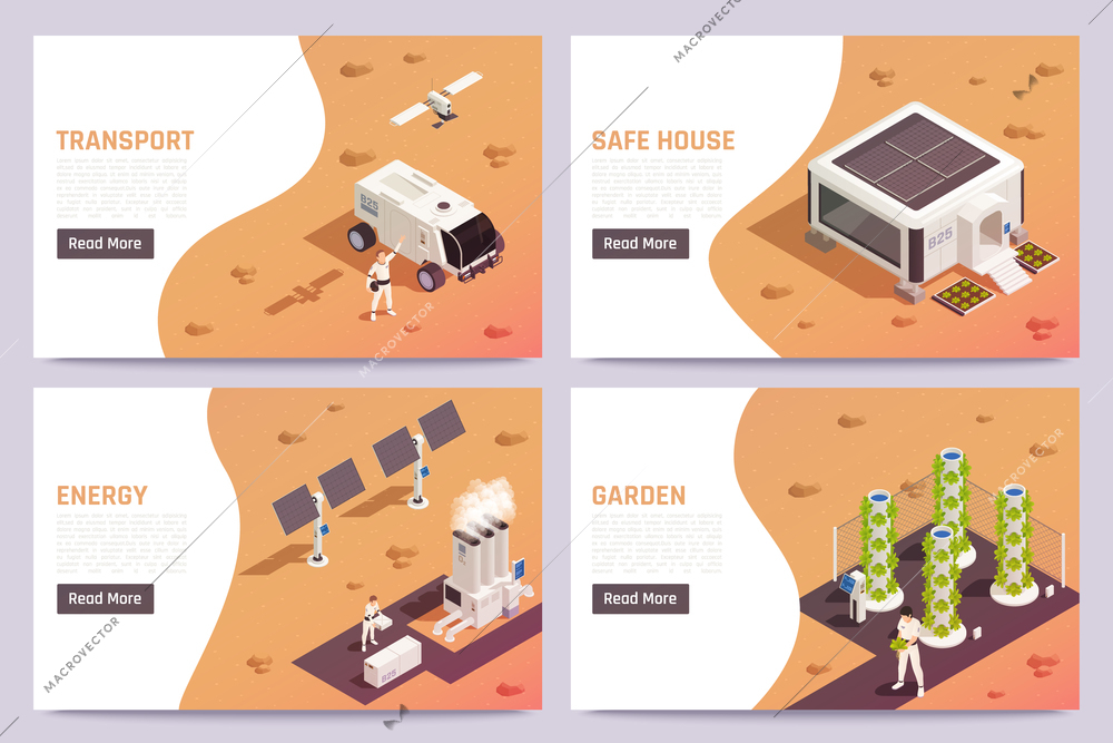 Space colonization isometric horizontal banners set with space transport garden house solar energy panels astronauts 3d isolated vector illustration