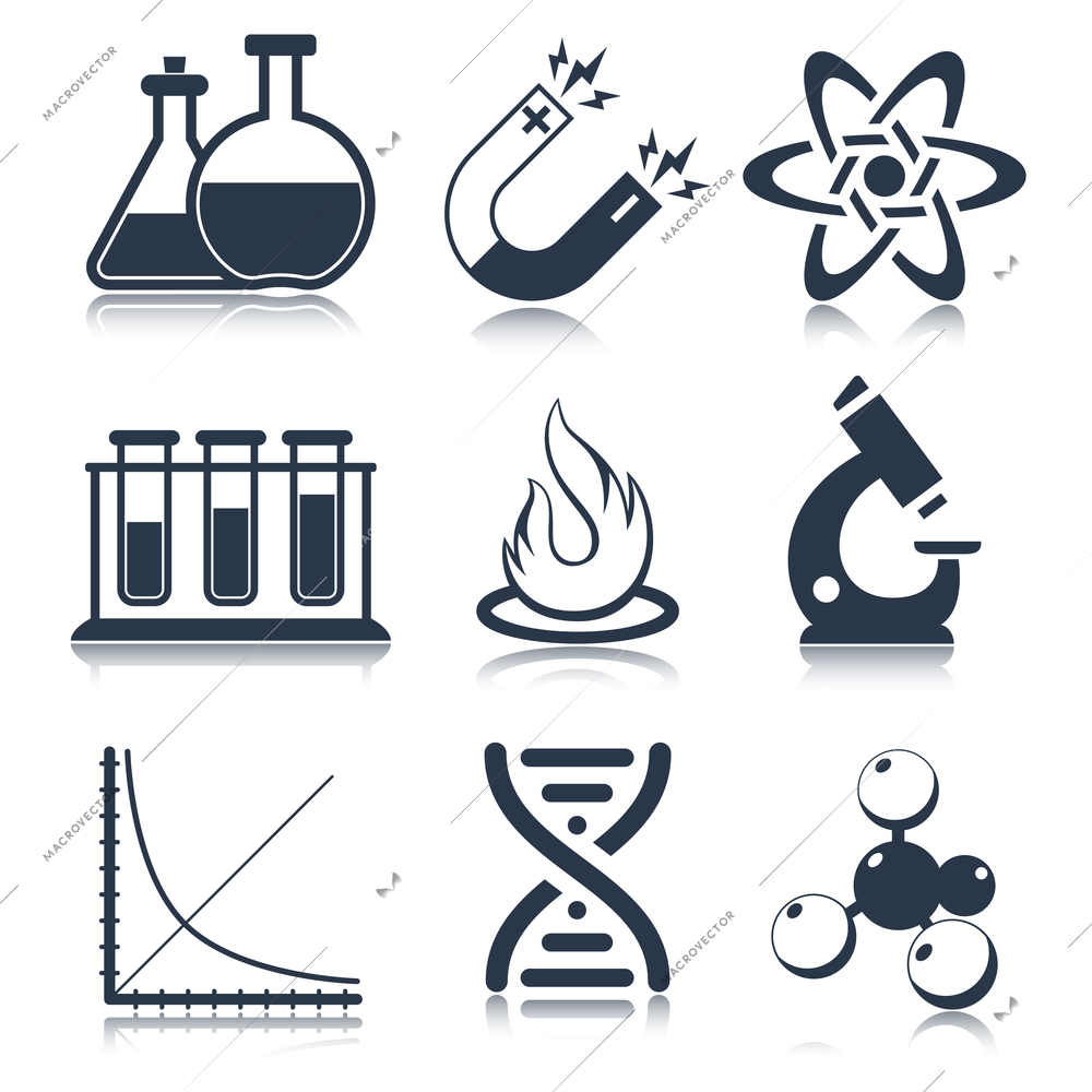 Physics science laboratory equipment black education icons set isolated vector illustration