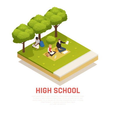 Isometric composition with high school students sitting on lawn reading books outdoors 3d vector illustration