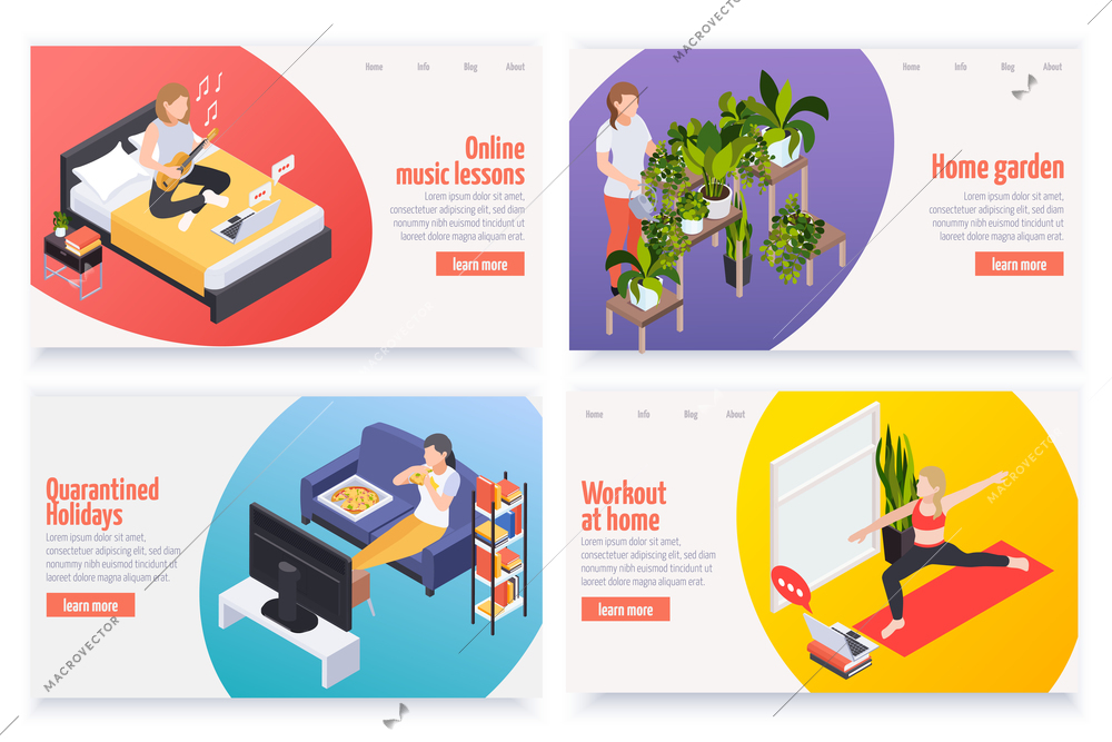 Staying home quarantine leisure activities music lessons workout tending indoor plants 4 isometric web banners vector illustration