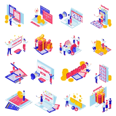 Lottery cards playing online draw results bingo jackpot prize winner celebration isometric icons set isolated vector illustration