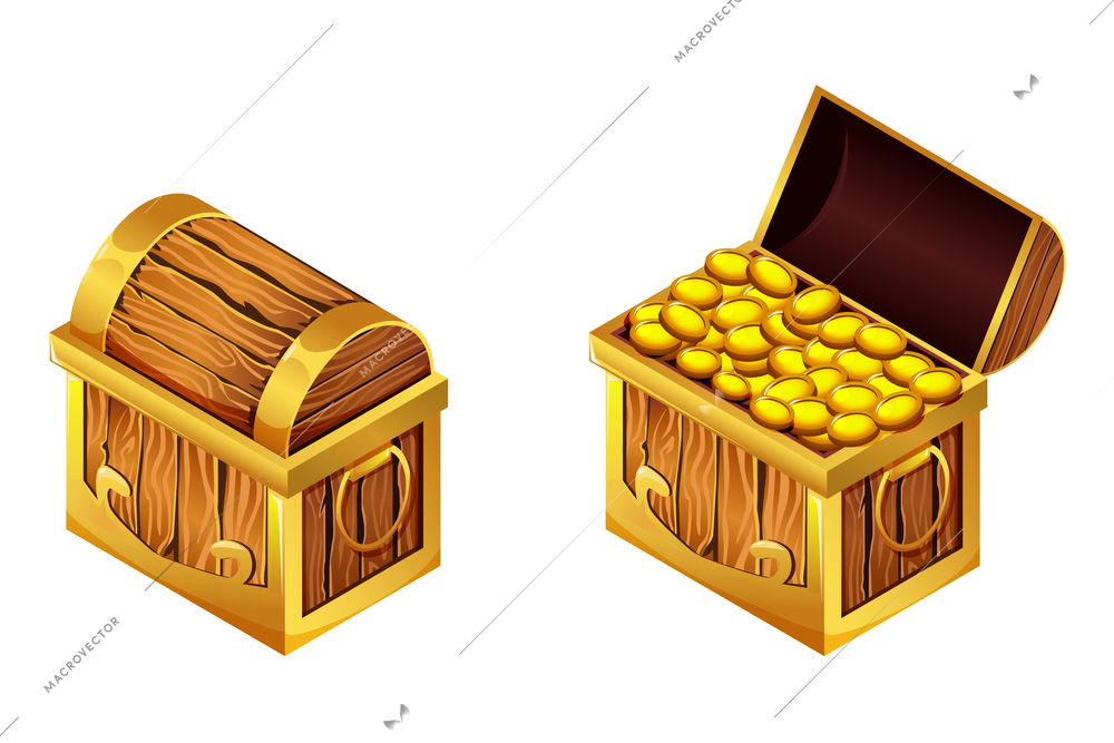 Chest isometric cartoon game set with isolated views of coin coffer with closed and open lid vector illustration