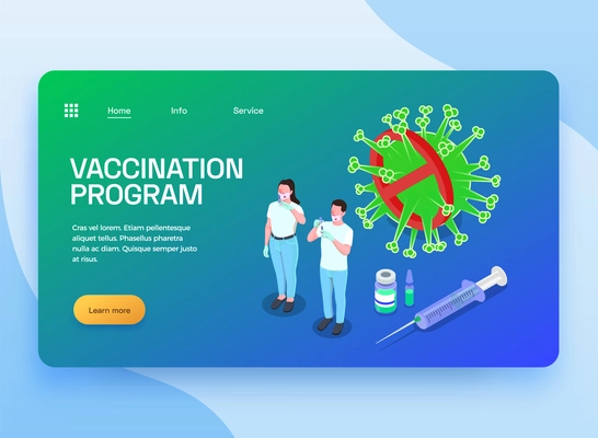 Vaccination isometric web site landing page with images of virus vaccine medical specialists links and text vector illustration