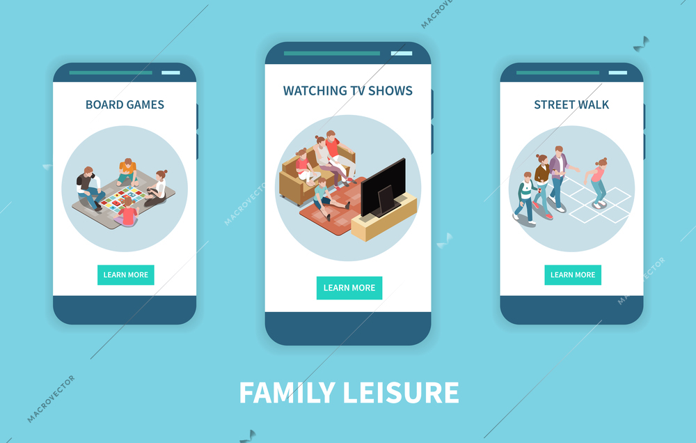 Family leisure playing isometric vertical people banner set with board games watching tv shows and street walk descriptions vector illustration