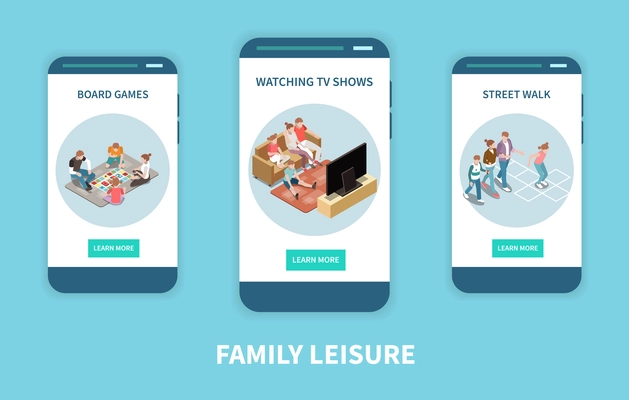 Family leisure playing isometric vertical people banner set with board games watching tv shows and street walk descriptions vector illustration