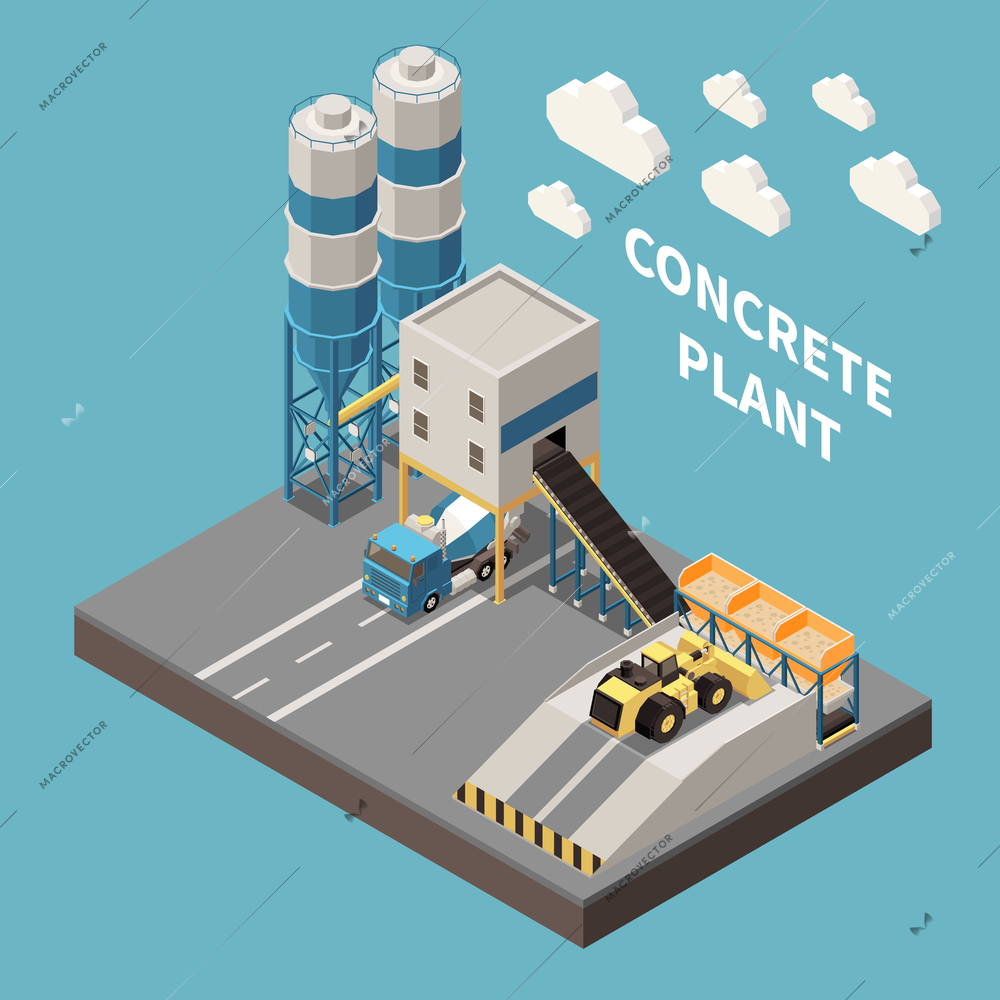 Concrete cement production isometric composition with concrete plant headline and isolated 3d piece of earth vector illustration