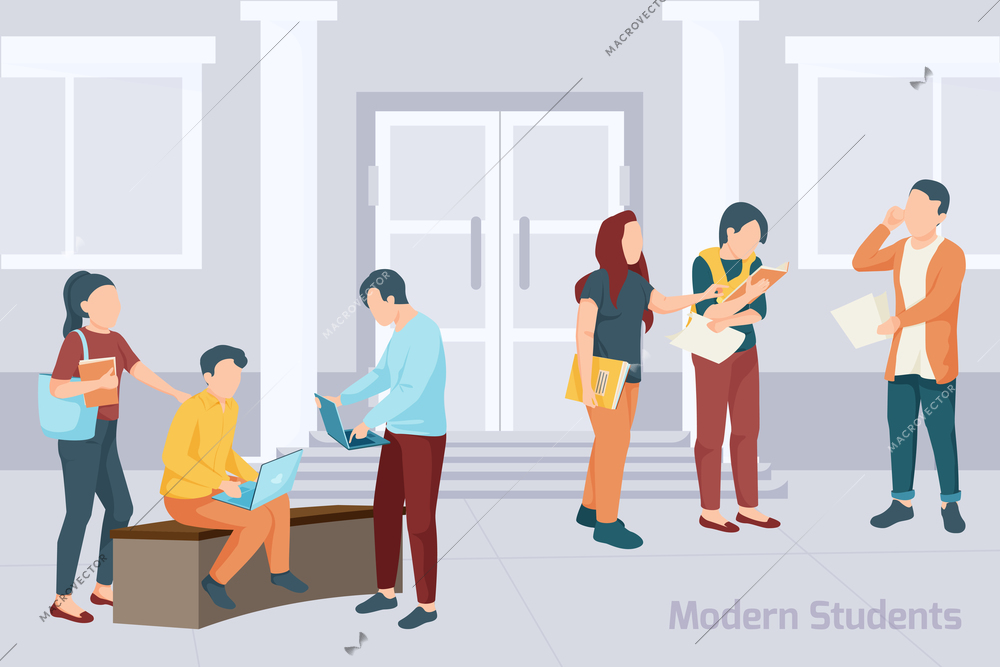 Group of students with books and electronics devices standing in front of university building flat vector illustration