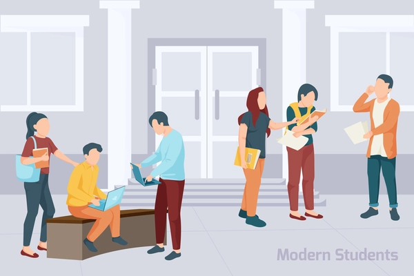 Group of students with books and electronics devices standing in front of university building flat vector illustration