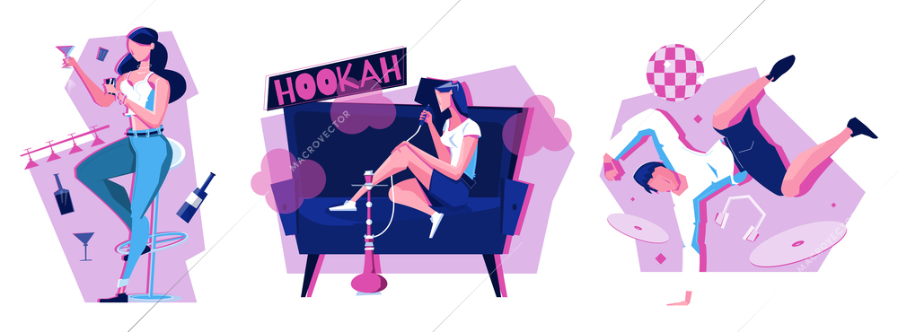 Night club set of three flat compositions with people drinking alcoholic drinks dancing and smoking hookah vector illustration