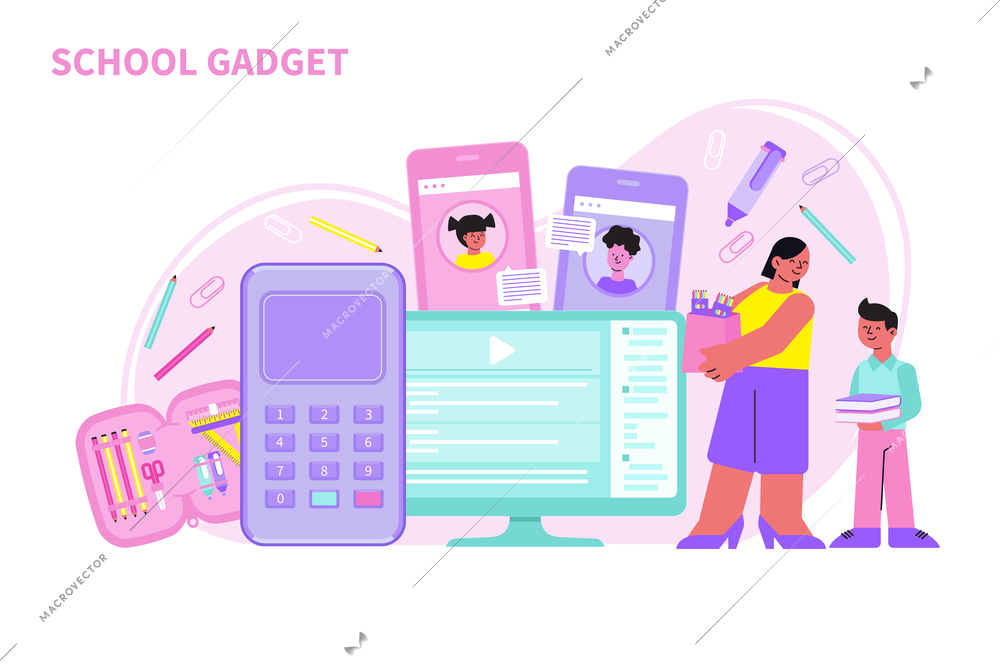 Mum and kid buying school gadgets computer calculator phone stationery flat vector illustration