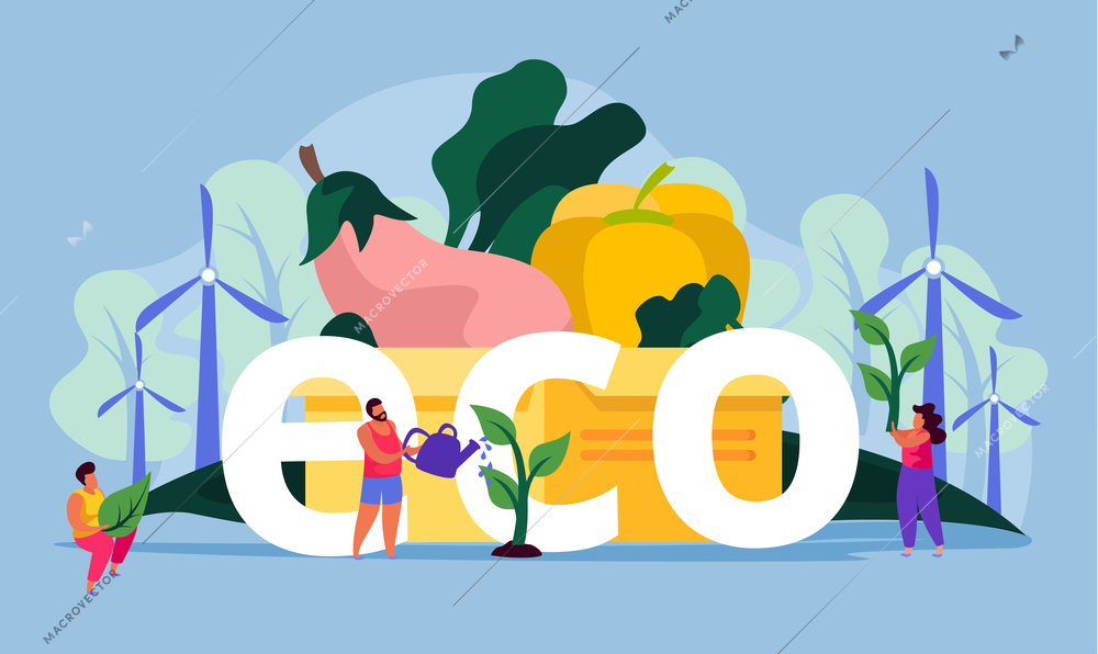 Ecology and save nature concept flat composition of text and organic products windmills and doodle people vector illustration