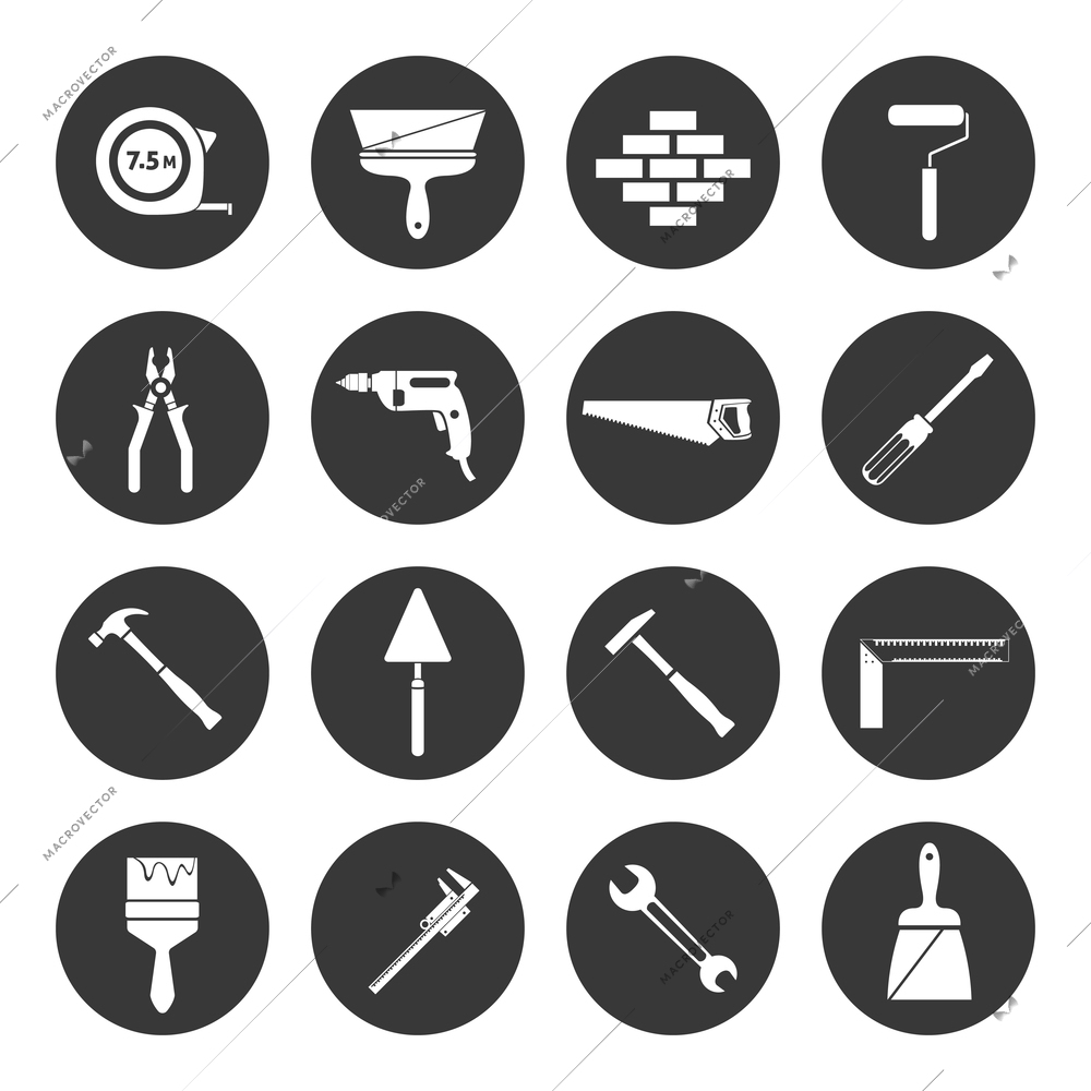 Builder and construction industry instrument assortment black icons set isolated vector illustration