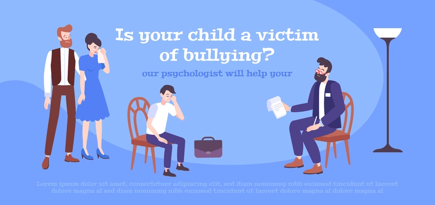 Psychologist horizontal banner with flat human characters of therapist and child with parents and editable text vector illustration