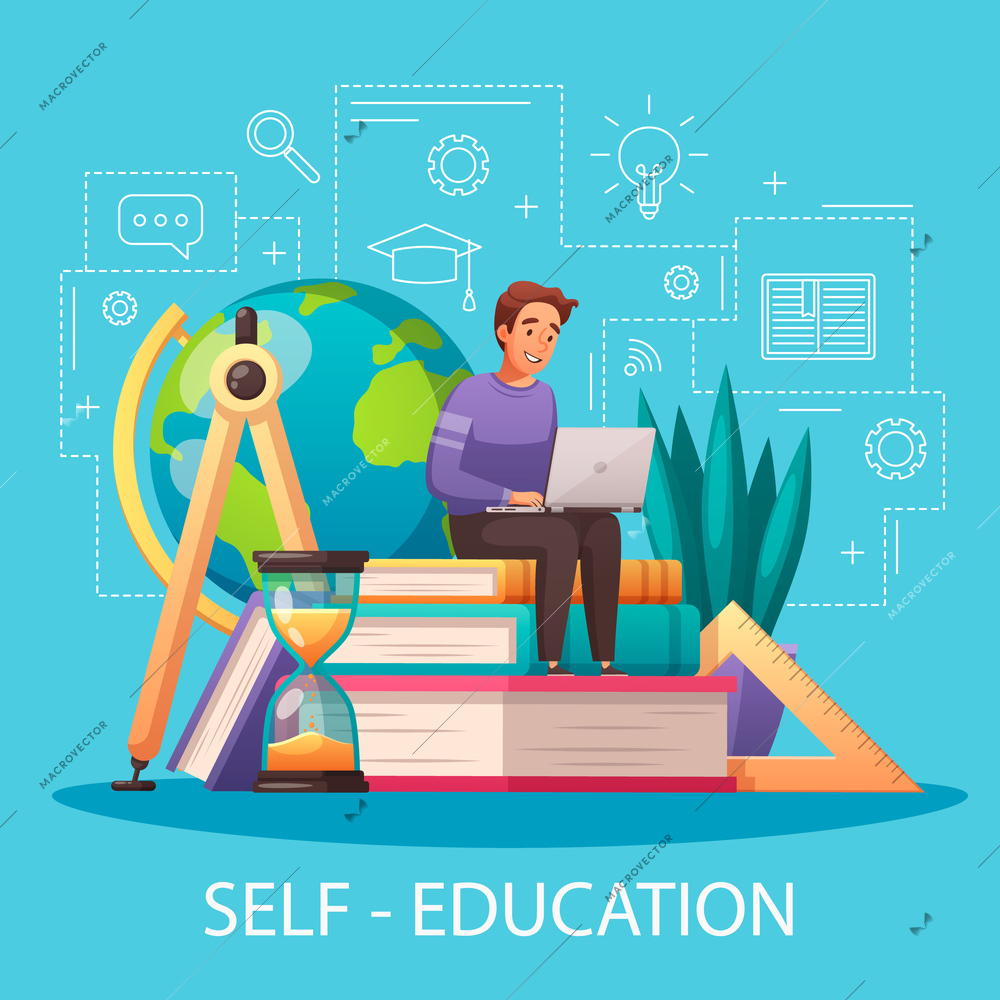 Online self education cartoon poster with sitting on textbooks man with laptop outline style background vector illustration