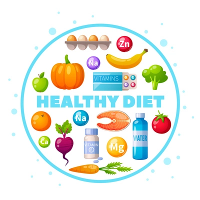 Nutritionist healthy eating diet advice cartoon circular composition with eggs salmon pumpkin fresh fruits vegetables vector illustration