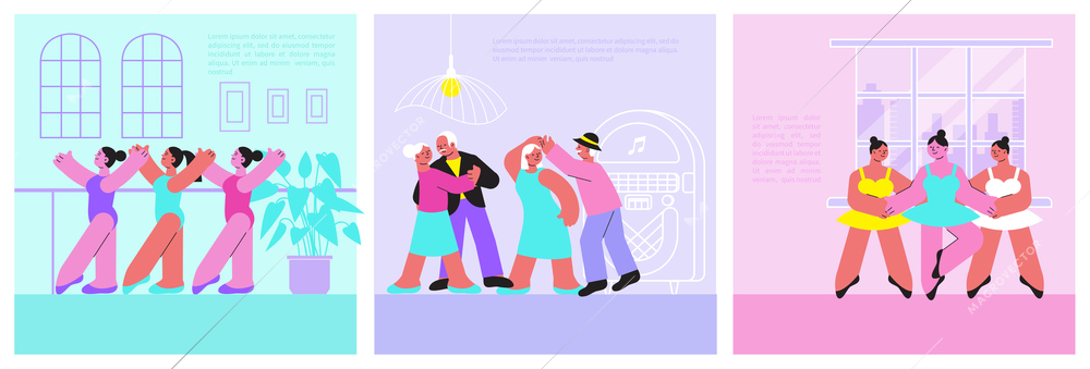 Dance school illustrations set with dancing elderly couples and group of young girls flat vector illustration