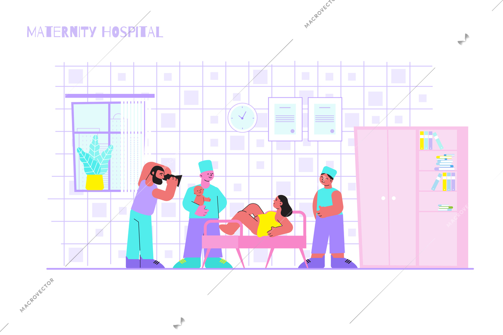 Childbirth maternity hospital flat composition with indoor clinic scenery and mother surrounded by obstetricians medical specialists vector illustration