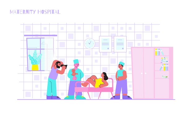 Childbirth maternity hospital flat composition with indoor clinic scenery and mother surrounded by obstetricians medical specialists vector illustration