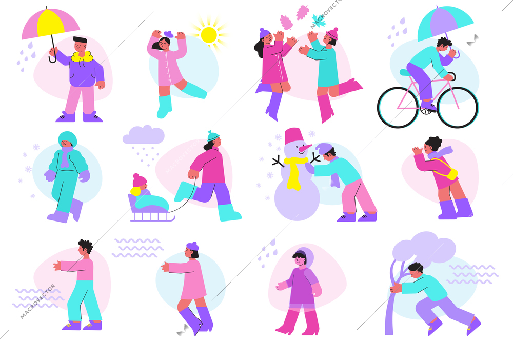 Flat icons set with people spending time outdoors in different weather isolated vector illustration