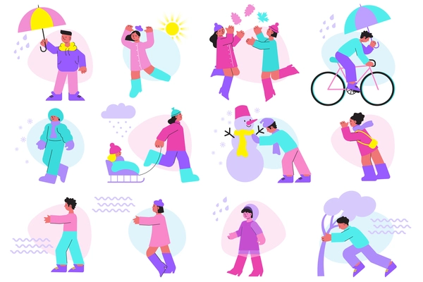 Flat icons set with people spending time outdoors in different weather isolated vector illustration