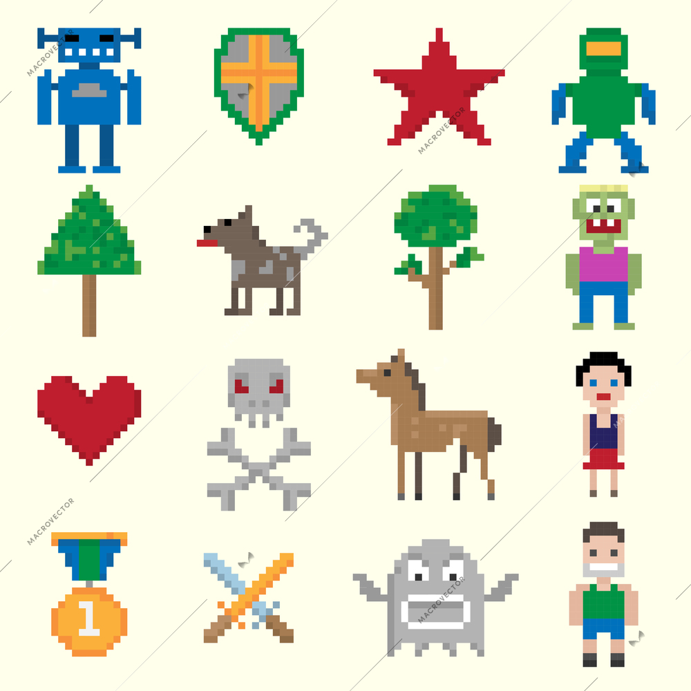 Video game cartoon pixel characters icons set isolated vector illustration