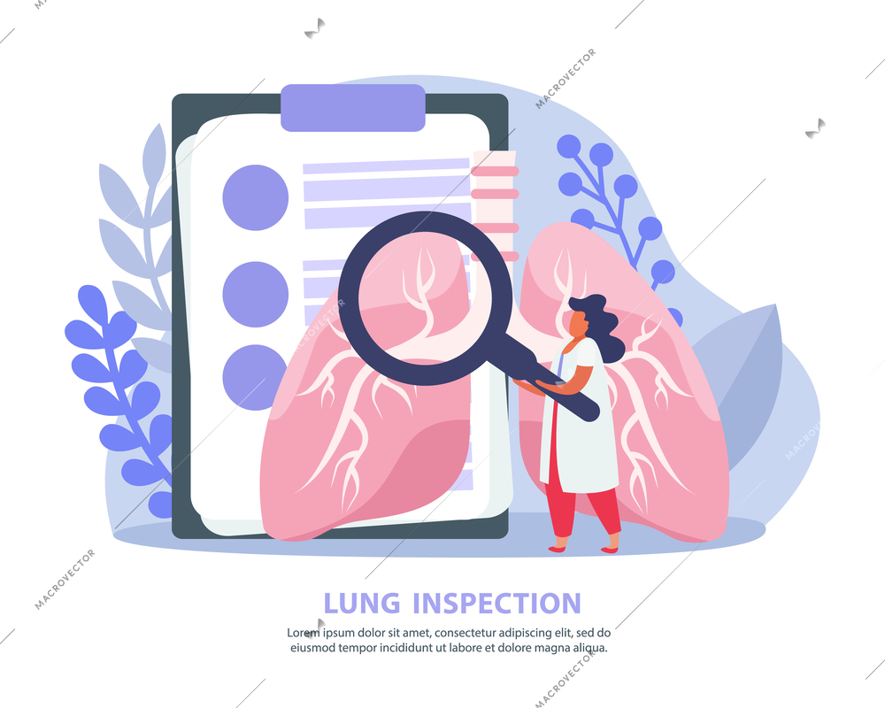 Flat background with doctor doing lung inspection vector illustration