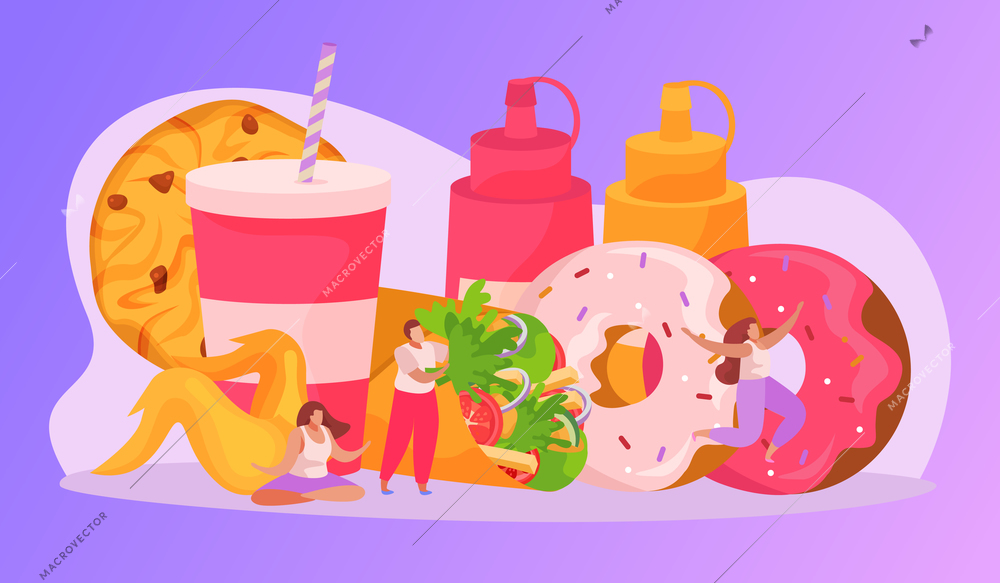 Flat fast food composition with people characters donuts cookie drink sauce vector illustration