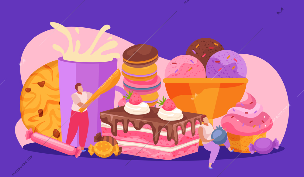 Sweets and people composition with confectionery and bakery symbols flat vector illustration