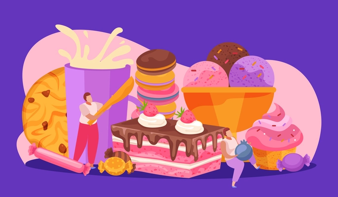 Sweets and people composition with confectionery and bakery symbols flat vector illustration