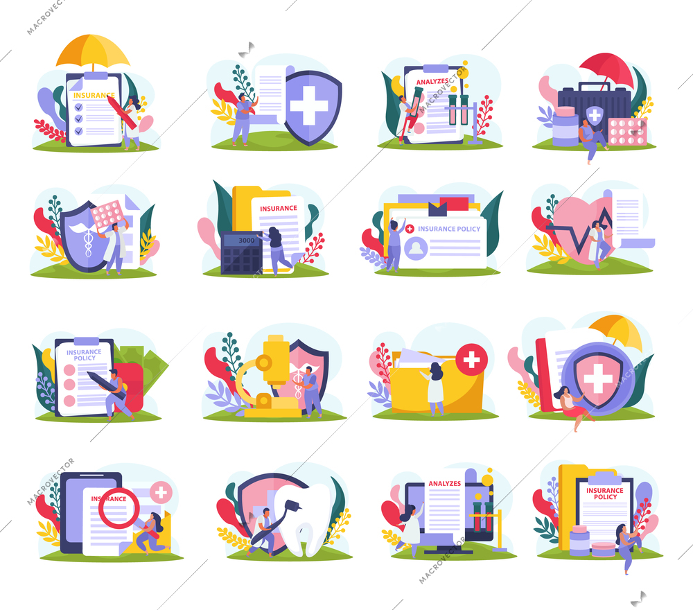 Health insurance icons set with healthcare symbols flat isolated vector illustration