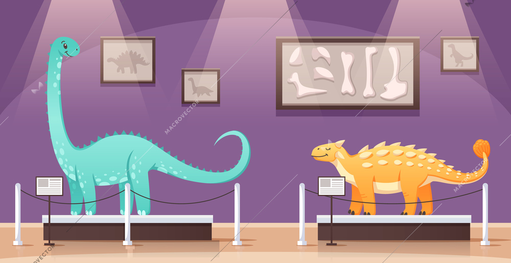 Dinosaurs cartoon composition with indoor scenery of historical museum exhibition with two colourful characters of dinos vector illustration