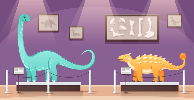 Dinosaurs cartoon composition with indoor scenery of historical museum exhibition with two colourful characters of dinos vector illustration