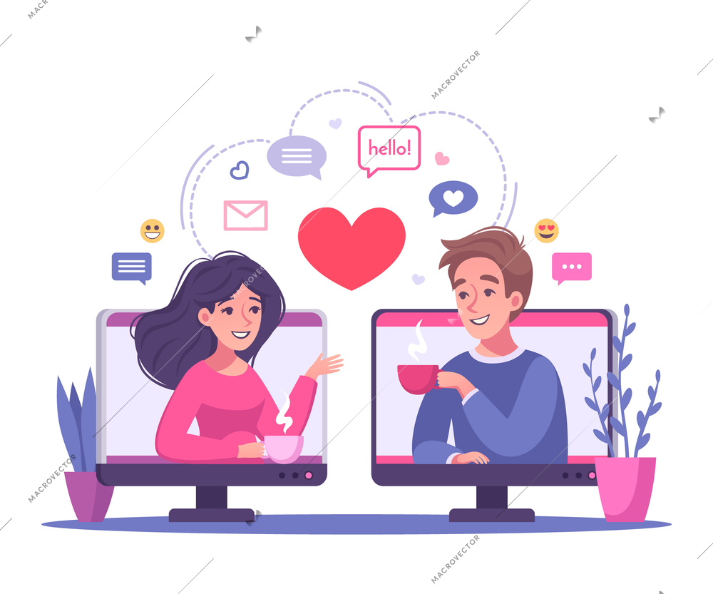 Virtual relationships online dating cartoon composition with computer screens and couple having date with messaging pictograms vector illustration