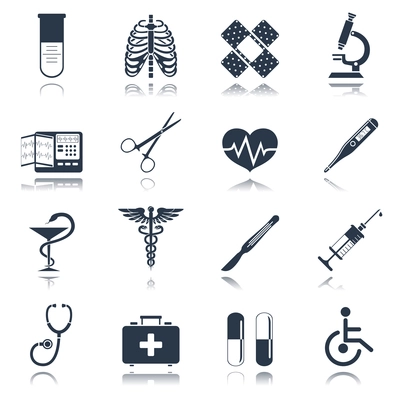 Medical emergency first aid care black icons set with heart pill thermometer isolated vector illustration