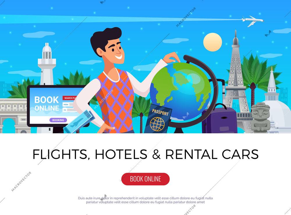 Travel tourism booking horizontal composition with flights hotels rental cars headline and book online button vector illustration