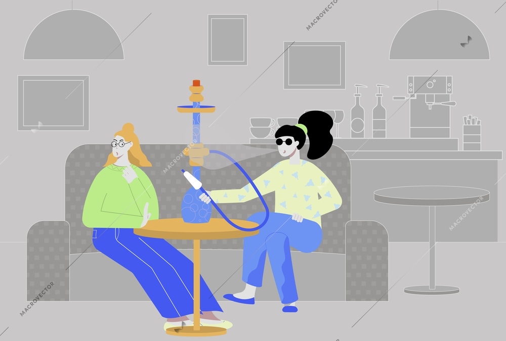 Stop smoking flat composition with bar interior and girl offering hookah smoke to her non-smoking friend vector illustration